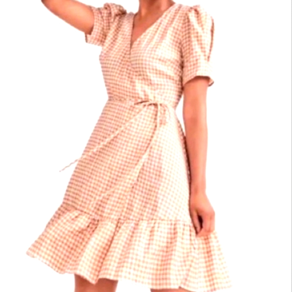 LOFT Chic Gingham Wrap Puff Sleeves Brown & white Checkerd Size 4P